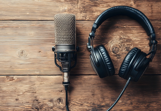 Studiomikrofon mit Kopfhörer auf Holzuntergrund
