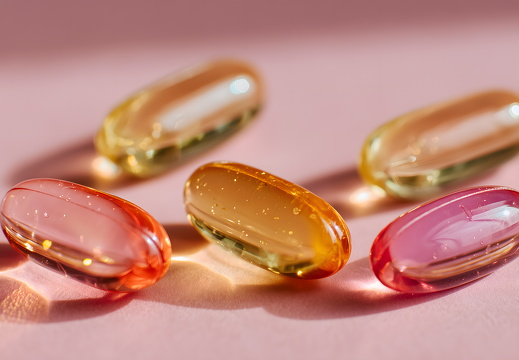 Nahrungsergänzung in Kapseln auf rosa Untergrund