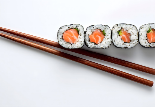 Maki Sushi mit Lachsfüllung und Essstäbchen auf Weiß