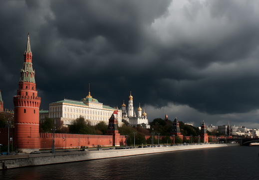 Kreml Moskau unter dramatischem Himmel mit dunklen Wolken
