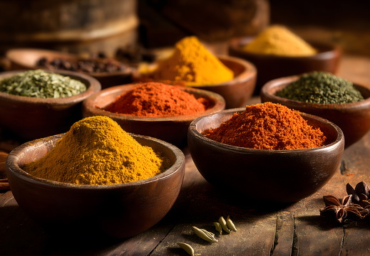 Indische Gewürze in Holzschalen auf rustikalem Holztisch
