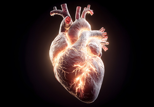 Menschliches Herz mit leuchtenden Nerven auf schwarzem Hintergrund