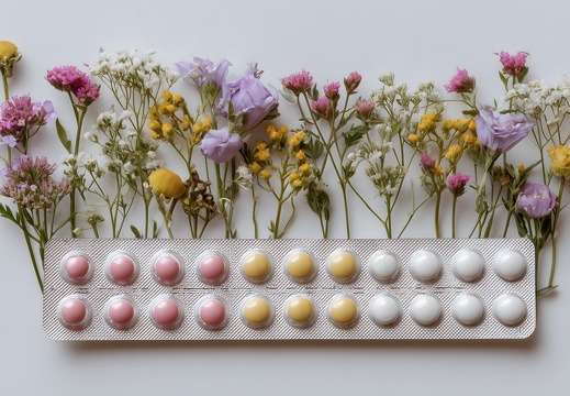 Hormonpillen mit Blumenarrangement auf weißem Hintergrund