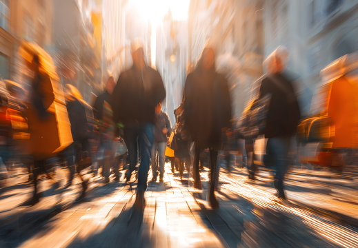 Menschen in Bewegung auf heller Stadtstraße