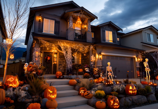 Halloweenhaus mit Kürbissen Skeletten und Lichterketten