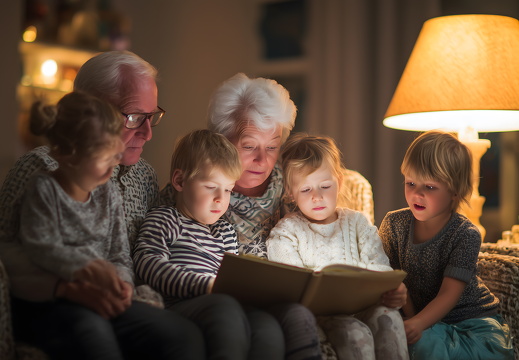 Großeltern lesen abends mit Enkeln ein Buch im Wohnzimmer
