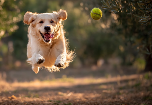 Golden Retriever rennt lachend auf fliegenden Tennisball zu