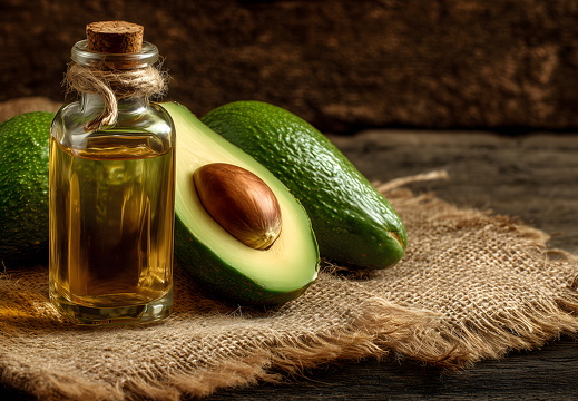 Avocado mit Flasche Avocadoöl auf rustikalem Stoffuntergrund
