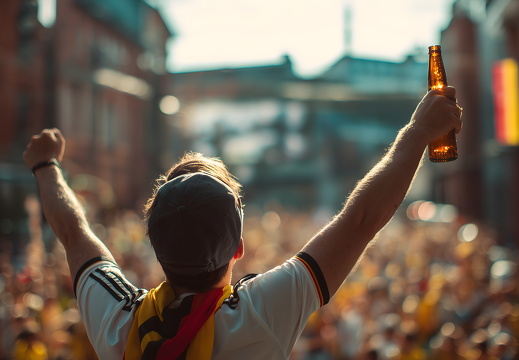 Fußballfan mit Bierflasche und Fahne beim Public Viewing