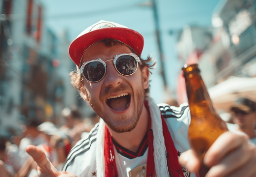 Deutscher Fußballfan mit Bierflasche feiert auf der Straße