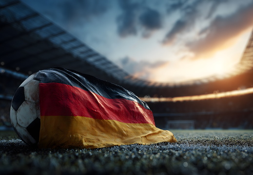 Fußball mit deutscher Flagge im Stadion bei Sonnenuntergang