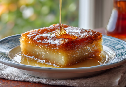 Galaktoboureko mit Sirup auf Teller und Serviette vor Fenster