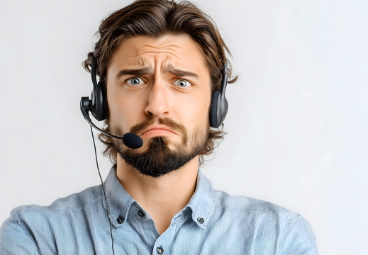 Frustrierter Callcenter-Mitarbeiter mit Headset