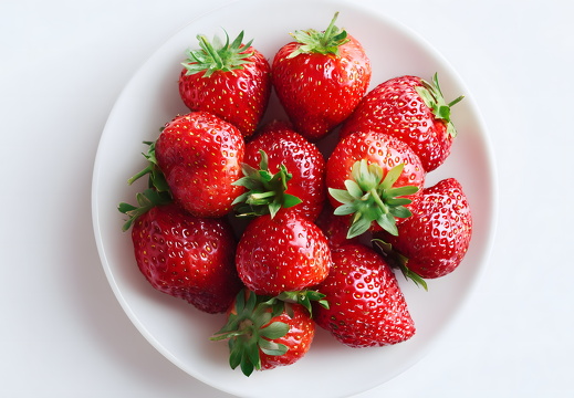 Frische Erdbeeren auf weißem Teller von oben fotografiert