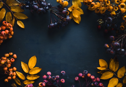 Herbstliche Beeren und Blätter rahmen dunklen Hintergrund