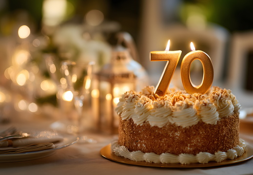 Geburtstagstorte mit Zahl 70 auf festlich gedecktem Tisch