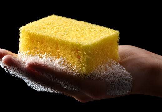 Hand holding yellow cleaning sponge over white sink