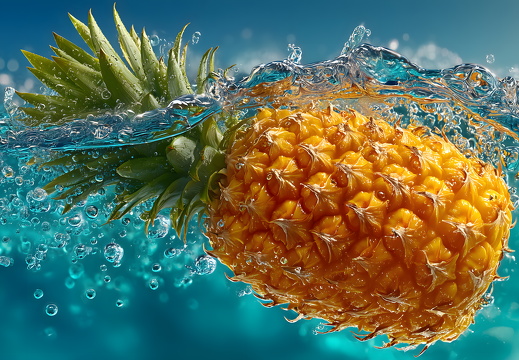 Pineapple hitting surface with dramatic water splash