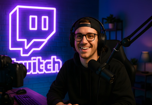 Twitch streamer in neon studio with mic and headphones smiling