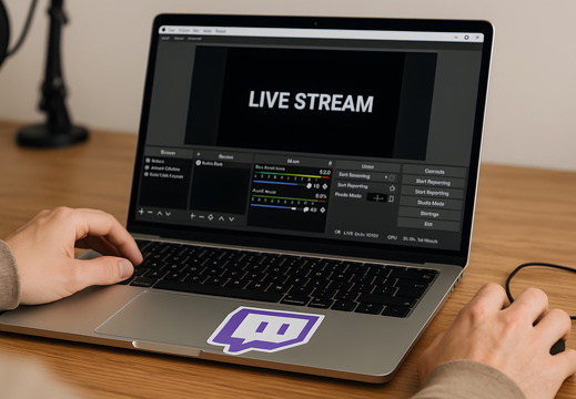 Live stream setup on laptop with OBS and Twitch sticker