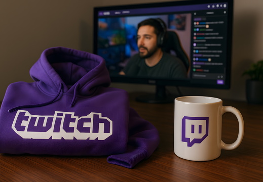 Twitch hoodie and mug with streamer on monitor in background