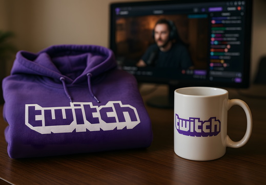 Twitch hoodie and mug in front of stream on monitor