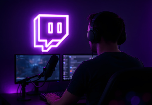 Twitch streamer with neon logo gaming setup and dual monitors at night
