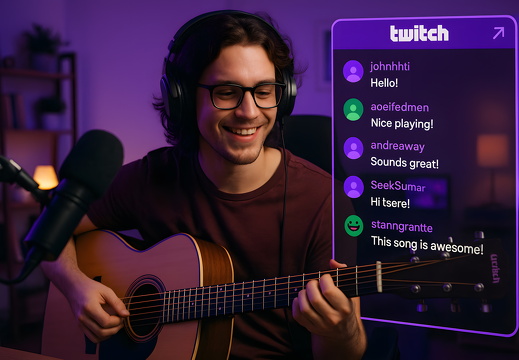 Guitar live music stream with Twitch chat overlay