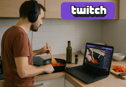 Cooking live stream in kitchen with Twitch overlay