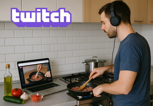 Cooking stream with meat pan and Twitch logo