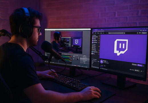 witch streamer in studio with OBS and dual screens