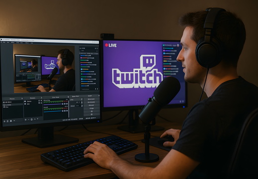 Streamer side view with OBS and Twitch on monitors