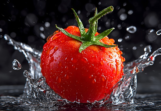 Tomato splash macro with water drops