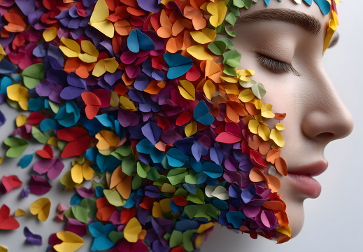 Female face with colorful paper butterflies
