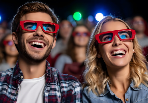 Happy couple watching 3D movie with glasses