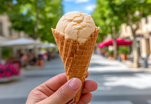 Ice cream cone hand holding summer dessert street