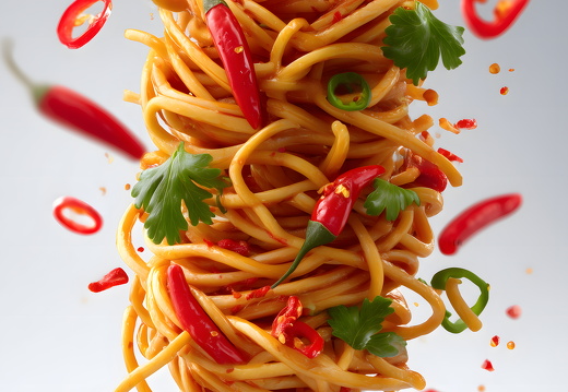 Spicy noodles floating chili pepper food explosion