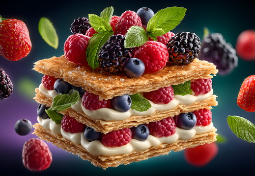 Mille-feuille dessert floating berries layered pastry