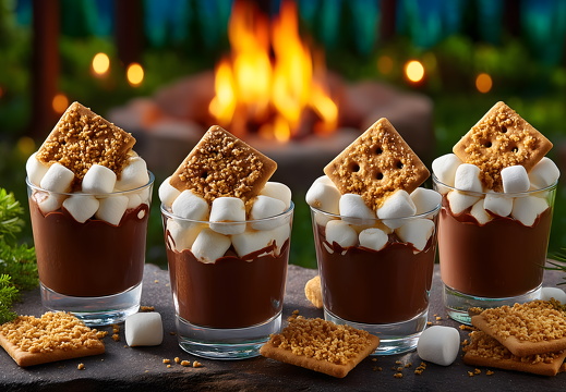 Chocolate pudding with marshmallows by campfire