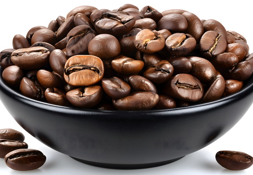 Coffee beans in black ceramic bowl on white