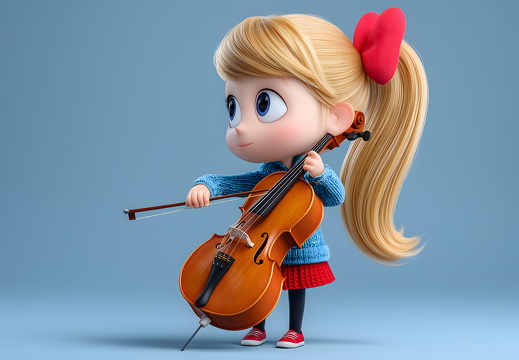 3D cartoon girl playing cello on blue background