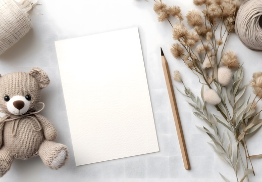 Greeting card mock-up with teddy and dry flowers