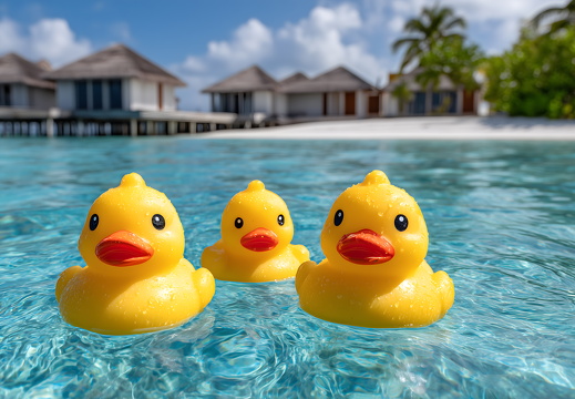 Rubber duck toys floating in tropical ocean