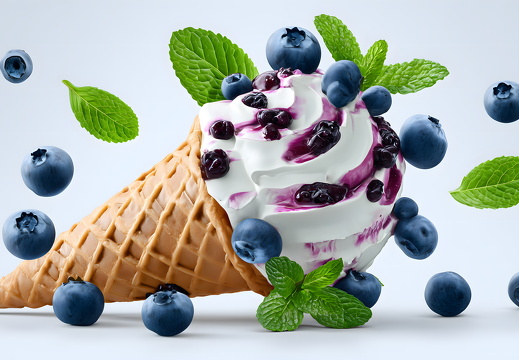 Blueberry swirl ice cream cone with mint leaves