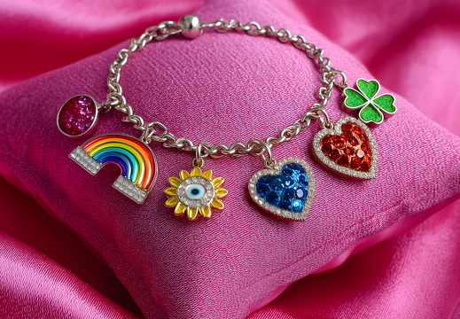 Colorful charm bracelet on pink silk cushion