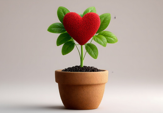 Heart-shaped fruit growing on green plant in clay pot