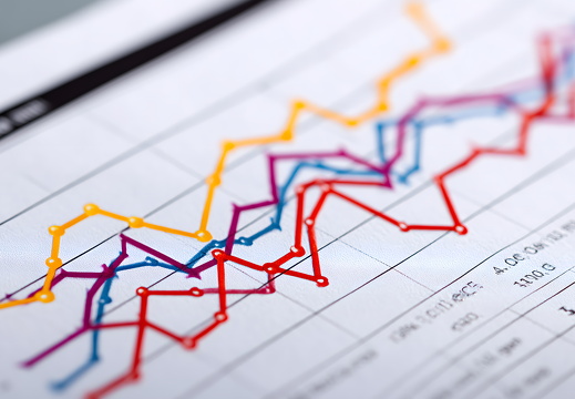 Colorful rising line chart on printed paper shows financial growth