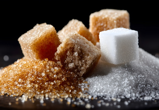 Brown and white sugar cubes in macro view on black background