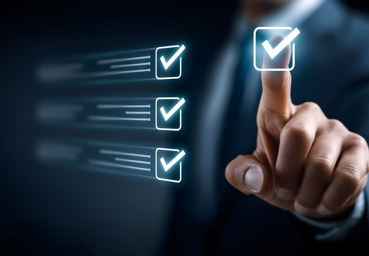 Businessman pressing digital checkbox in futuristic interface