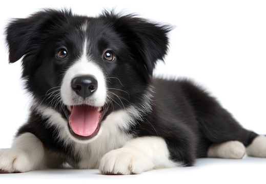 Happy border collie puppy lying on white background